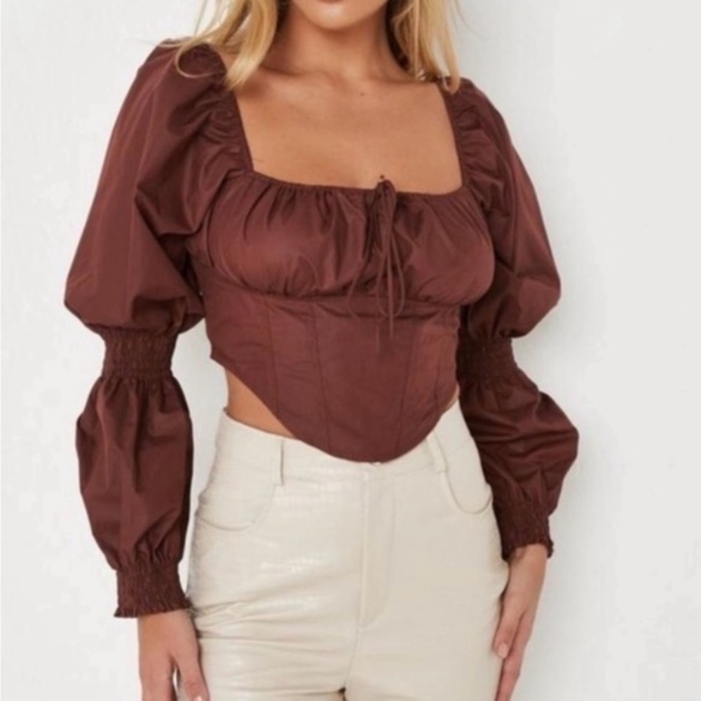 Missguided Brown Long Sleeve Milkmaid Zip Up Blouse Sz. 4